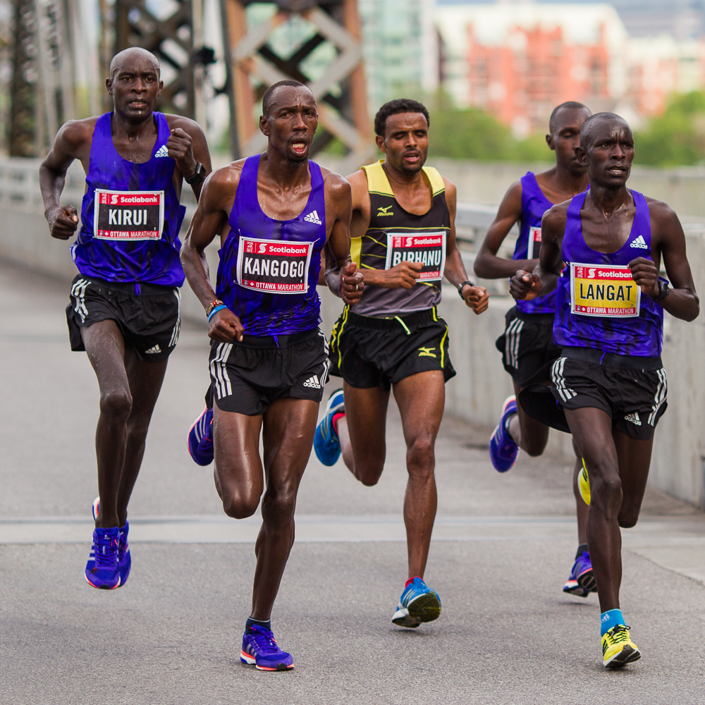 OTTAWA (24 mai 2015) - Le peloton de tête à mi-parcours du marathon d'Ottawa chez les hommes.